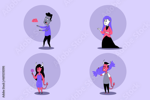 Four colorful and playful characters celebrating Halloween with enthusiasm. Each one showcasing unique costumes and expressions, contributing to festive atmosphere of party