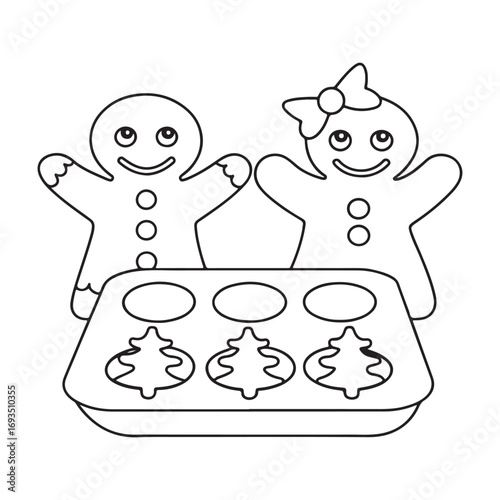 Gingerbread Man and Woman Standing by a Muffin Tin with Christmas Tree Cookies gingerbread woman baking