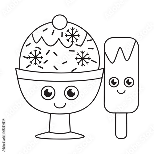 Cute Kawaii Ice Cream Sundae and Popsicle Line Art frozen treat