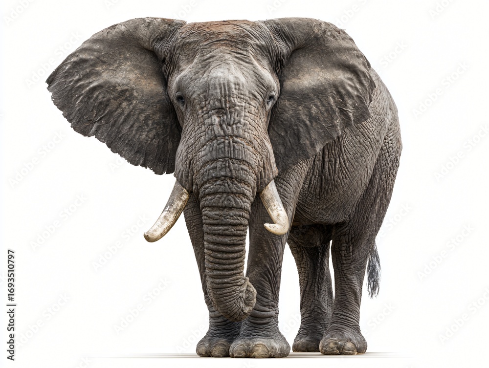 Obraz premium Majestic African Elephant Large Tusks Isolated on White Background Wildlife Photography