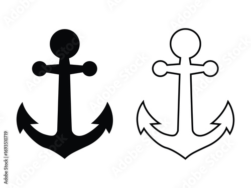 Two nautical anchors one solid black and one outline representing maritime and seafaring symbols for travel and stability