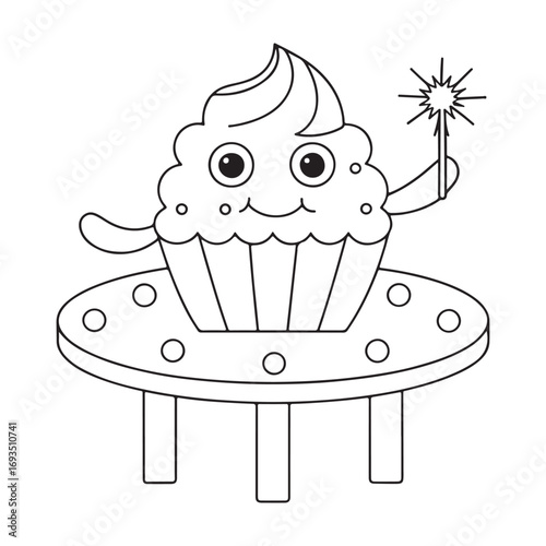 Happy cartoon cupcake character holding a sparkler on a small table Keywords: cupcake, character, cartoon, happy, smiling, cute, sweet, dessert, food, celebration, party, holiday, sparkler