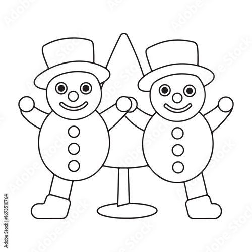 Two Outline Snowmen Holding Hands in Front of a Christmas Tree snowman winter