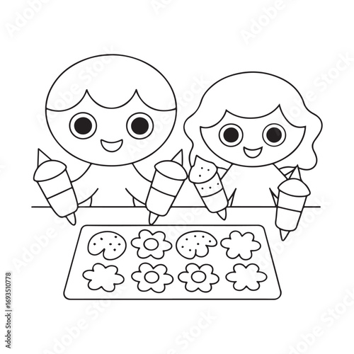 Two cartoon children decorating cookies with icing bags Keywords: children, kids, decorating, cookies, baking, icing, piping bags, cartoon, happy, smiling, cute, fun, activity, holiday, Christmas