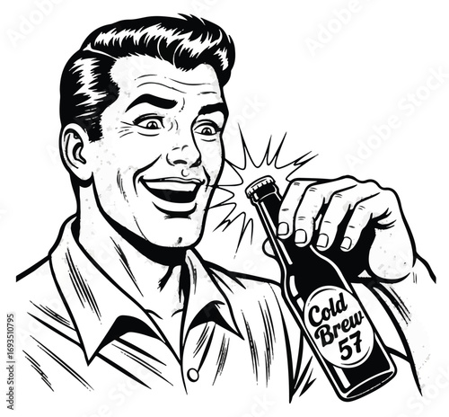 A retro black and white pop art illustration of a smiling man enthusiastically opening a bottle of cold brew.