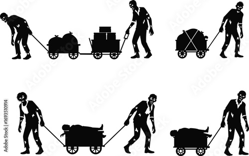Zombie characters pulling carts with cargo and bodies, horror silhouette illustration, undead labor, spooky transport concept, apocalypse survival, eerie art
