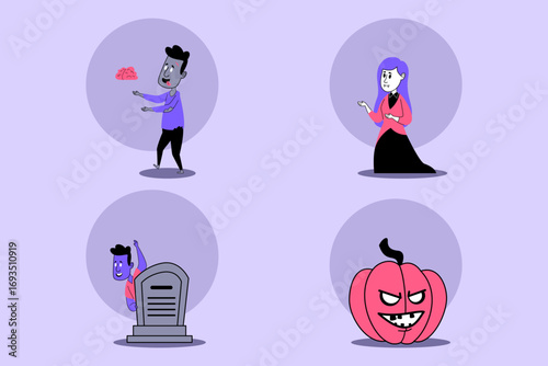 Colorful illustration of Halloween celebration featuring person with brain, vampire, spooky grave, and grinning pumpkin. Fun and festive atmosphere for holiday spirit