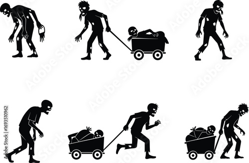 Zombie silhouettes pulling carts with skeletons and garbage, horror vector illustration, creepy undead workers, post-apocalyptic concept, scary Halloween theme art
