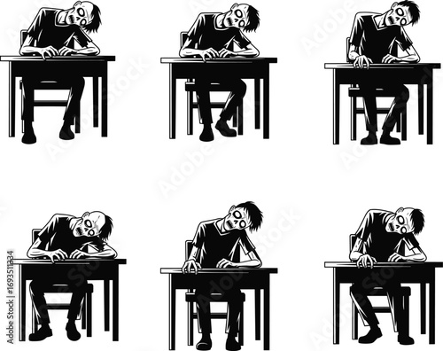 Zombie student sitting at desk, exhausted, creepy, horror classroom scene, undead school concept, cartoon illustration, horror education stress art
