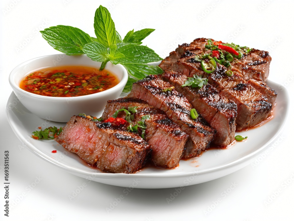 Fototapeta premium Delicious Grilled Steak Slices with Spicy Asian Dipping Sauce and Mint Garnish
