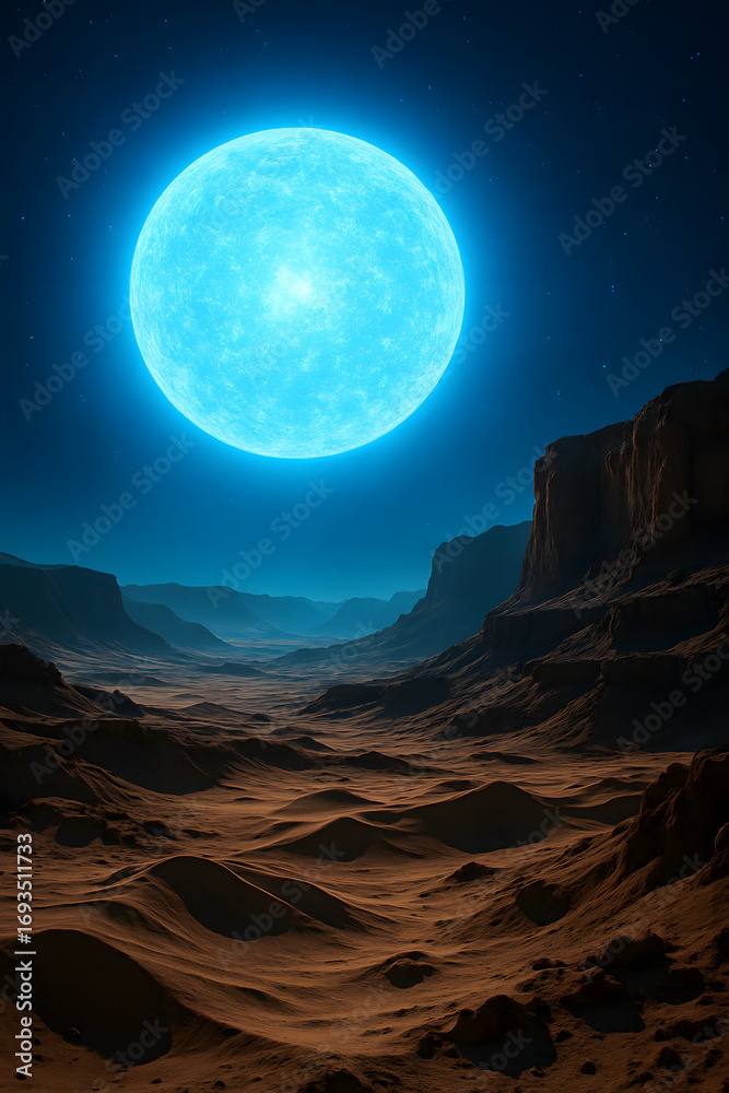Obraz premium Celestial Glow over Barren Terrain: A captivating celestial body casts an ethereal blue light over a rugged, desolate landscape, creating a sense of mystery and otherworldly beauty. 