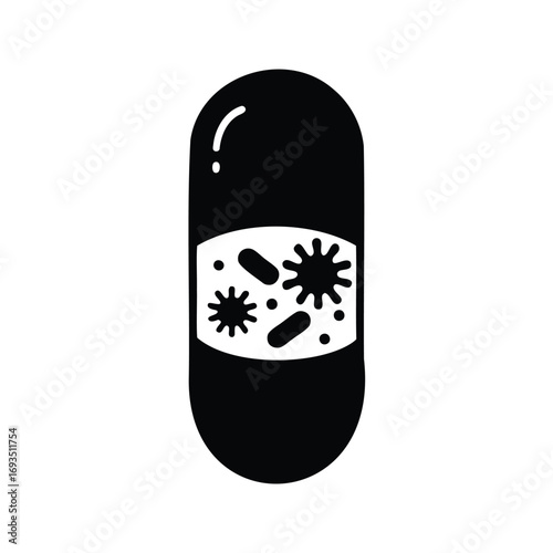 Black capsule containing microbes, representing pharmaceutical or biological research, treatment, probiotic capsule silhouette vector illustration