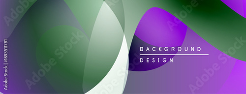 Abstract fluid shapes overlap, creating vibrant gradients. Purple, green hues dominate design, modern aesthetic. Background text present.