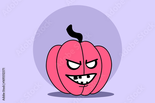 Bright pink pumpkin with mischievous grin for Halloween festivities. Autumn celebration concept