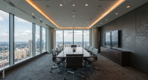 Modern Conference Room with Table and City View