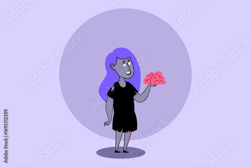 Playful Halloween-themed character standing smiling, wearing tattered dress and holding cartoonish brain