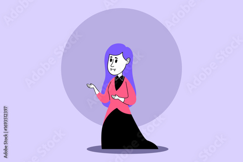 Female vampire character with purple hair standing against purple background
