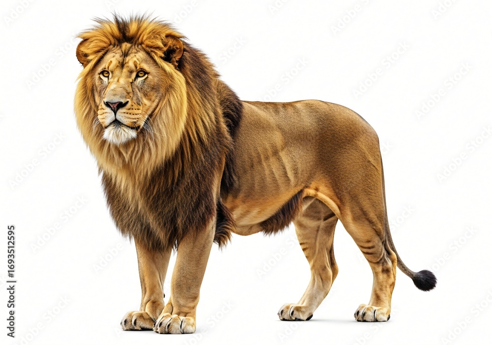 Obraz premium Majestic Male African Lion Standing Powerful Wild Cat Wildlife Photography Isolated White Background