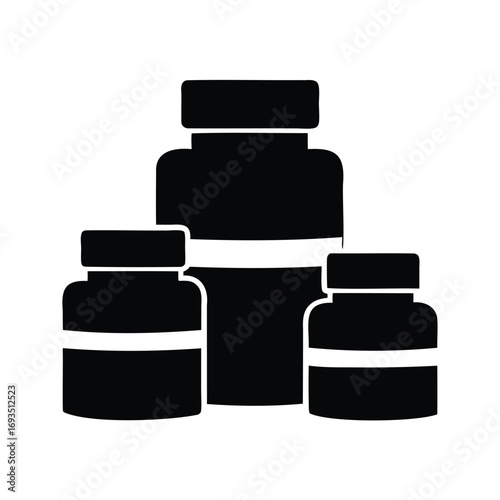 Three supplement bottles in a black minimalist design, symbolizing health and nutrition, supplement stack set silhouette vector illustration