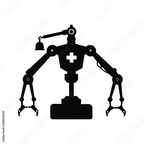 Medical Robot with a bell, poised for precision healthcare tasks, with white background, surgical robot silhouette vector illustration