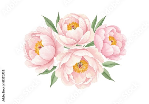 Wallpaper Mural Pink Peony Flowers Watercolor Illustration with Green Leaves on White Background Torontodigital.ca