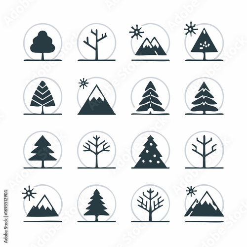 Veterans Day Tribute: Flat lay of minimalist black and white tree icons against a white background, conveying a solemn and respectful mood.