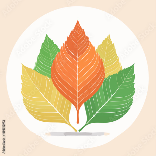 Flat lay illustration of three autumn leaves in orange, yellow, and green against a white circular background, conveying a warm and serene mood.