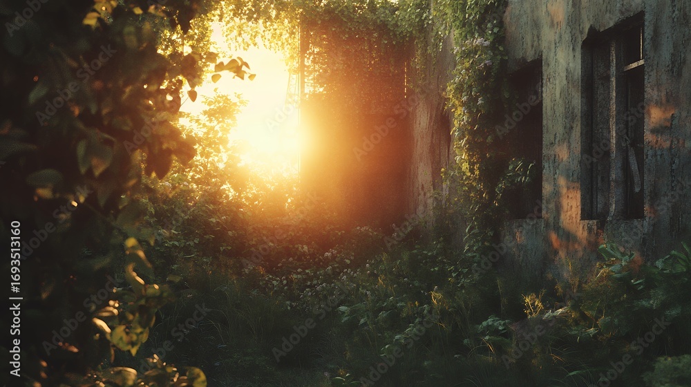 Obraz premium Sunlight shining through the overgrown ruins of an abandoned building at sunset