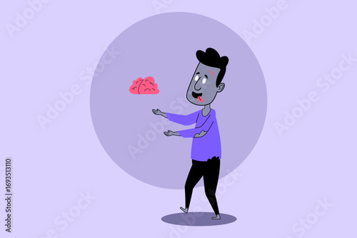 Cartoon zombie playfully juggling bright brain while standing against soft pastel background. Character wearing tattered clothing