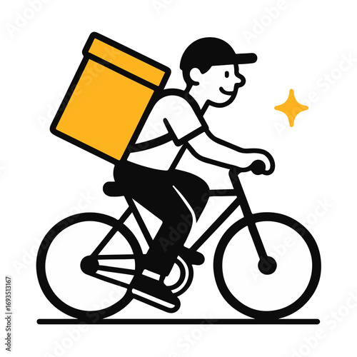 Minimalist delivery man on bicycle with yellow box, courier service illustration, food delivery concept, modern flat vector design isolated on white