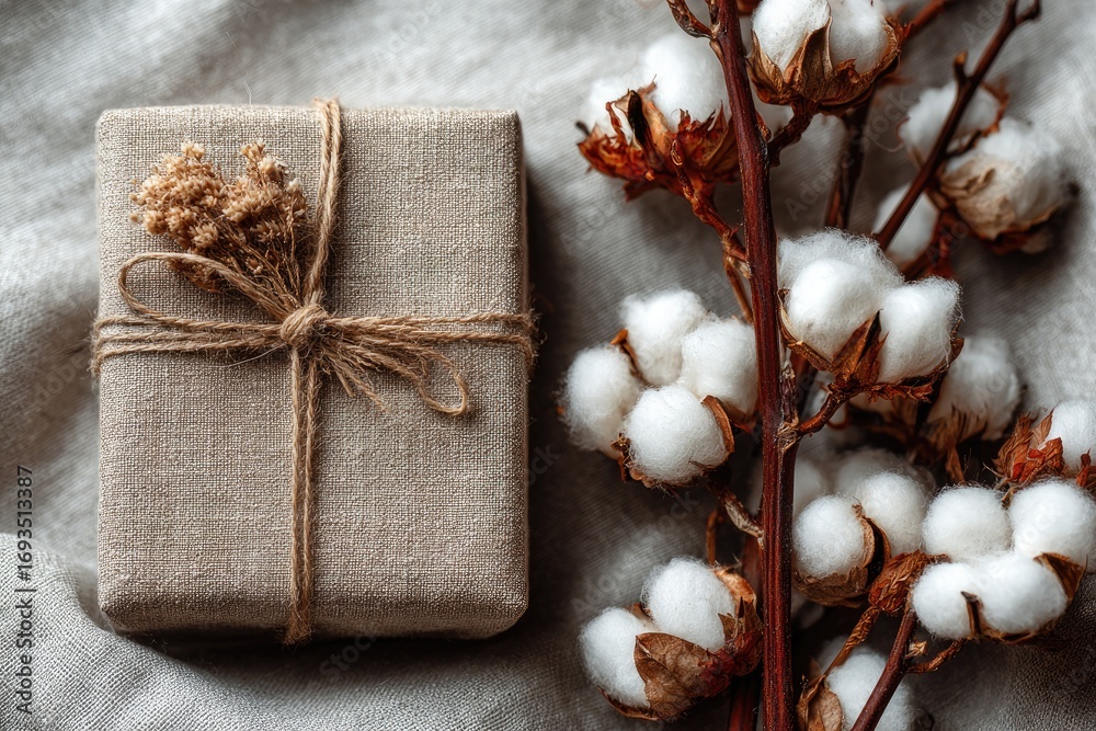 Naklejka premium Gift Wrapped in Burlap with Cotton Branch