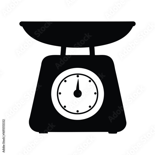 Black and white silhouette of a balance scale with a measuring dial, vegan kitchen scale silhouette vector illustration