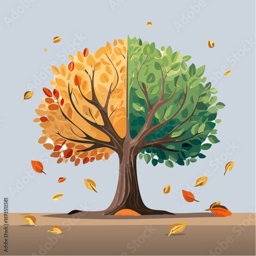 Vector illustration of a half-green, half-autumn tree with falling leaves against a light-blue background, conveying a seasonal change concept.