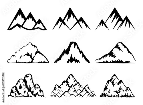 Collection of Hand-Drawn Mountain Silhouettes in Black and White