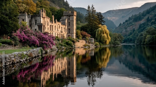 Ruined castle reflecting in a tranquil lake, surrounded by lush greenery and vibrant flowers