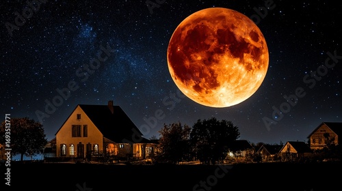 Wallpaper Mural Mysterious blood red moon glowing in starry sky with liquid ripple surface, framed through gothic architecture silhouette, dark fantasy night scene with dramatic atmosphere, Halloween,celestial wonder Torontodigital.ca