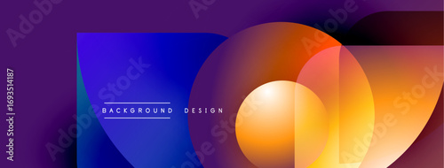 Abstract vibrant design features overlapping circles, gradients. Purple, blue, orange hues create modern visual impact. Text reads background design.