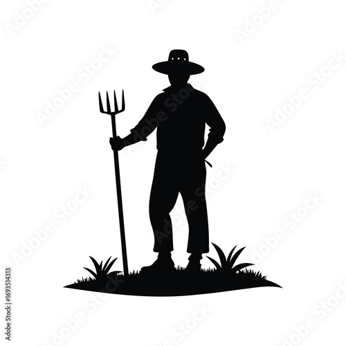 Silhouette of a farmer standing in a field with a pitchfork tool, farmer in garden silhouette vector illustration