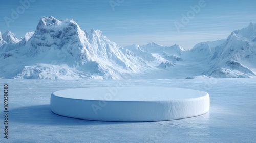 Frozen ice podium display with snowy winter mountain background, minimal 3d pedestal platform for product presentation, cool blue sky scene with frozen landscape, white glacier rock stand for cosmetic