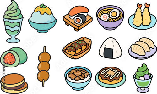 A collection of cute cartoon illustrations of various popular Japanese food dishes and sweets.