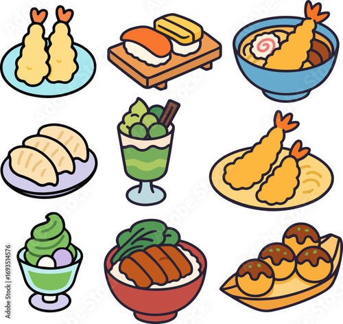 A vibrant collection of Japanese food illustrations, featuring tempura, sushi, udon, gyoza, matcha desserts, donburi, and takoyaki.
