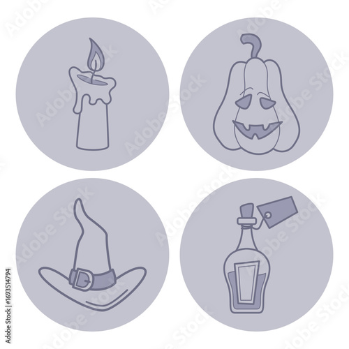 Festive collection of Halloween icons, including candle, carved pumpkin, witchs hat, and potion bottle. Halloween celebration concept