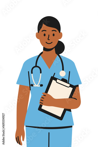 Flat vector illustration of female nurse with stethoscope and clipboard. Isolated healthcare, hospital and medical professional concept in modern flat style