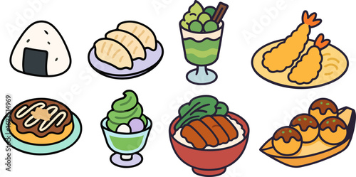 Assortment of Japanese food items, including onigiri, gyoza, tempura, and takoyaki.
