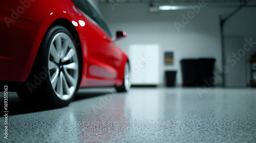 A close-up side view of a red car's rear wheel and door parked in a clean, polished garage with a smooth epoxy floor and blurred background
