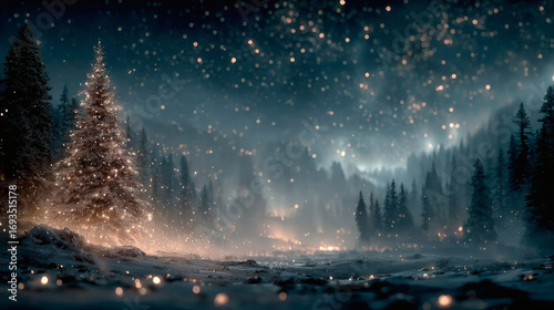 Xmas tree decorated with stars and fairy lights glowing against snowy night sky winter greeting scene