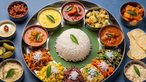 Overhead Shot Of Traditional Indian Thali With Rice And Variety Dishes On Round Plate On Blue Background