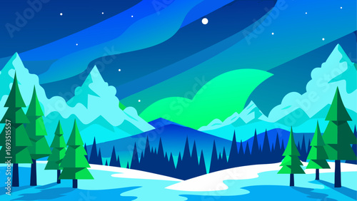 Winter landscape with aurora and mountains