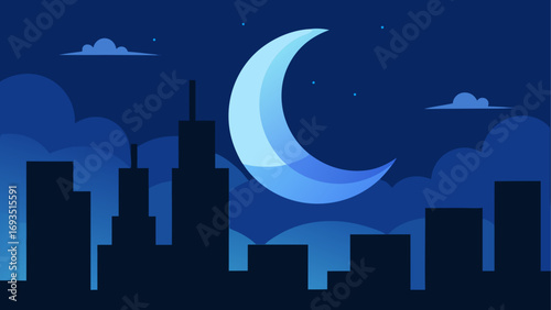 City skyline with moon and clouds at night