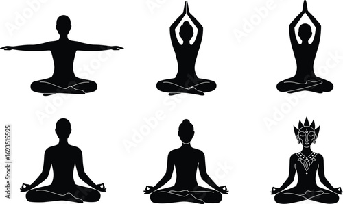 Yoga silhouette meditation set with seated lotus poses, mindfulness illustration, spiritual wellness design, deity inspired figure, healthy lifestyle vector